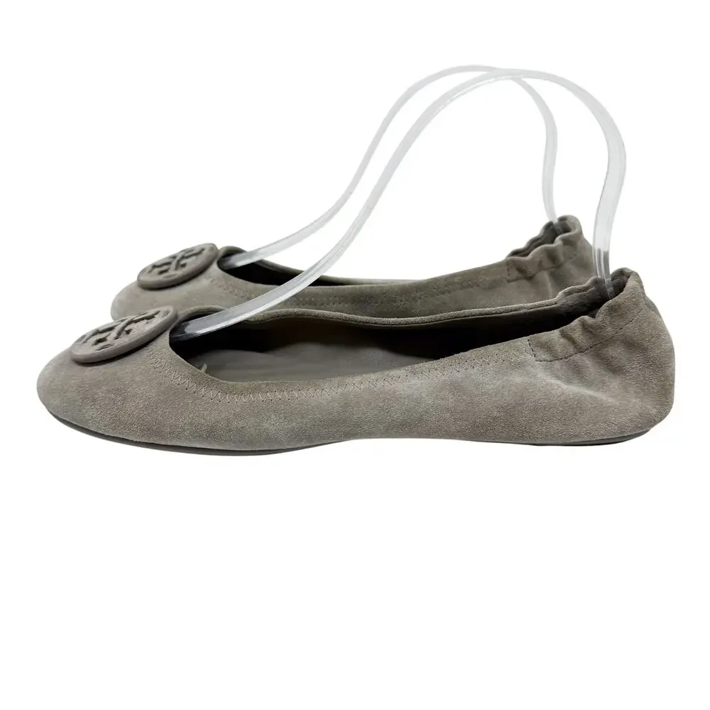 Tory Burch Taupe Suede Minnie Ballet Flats Women's Size 8.5 VGUC T Logo Detail
